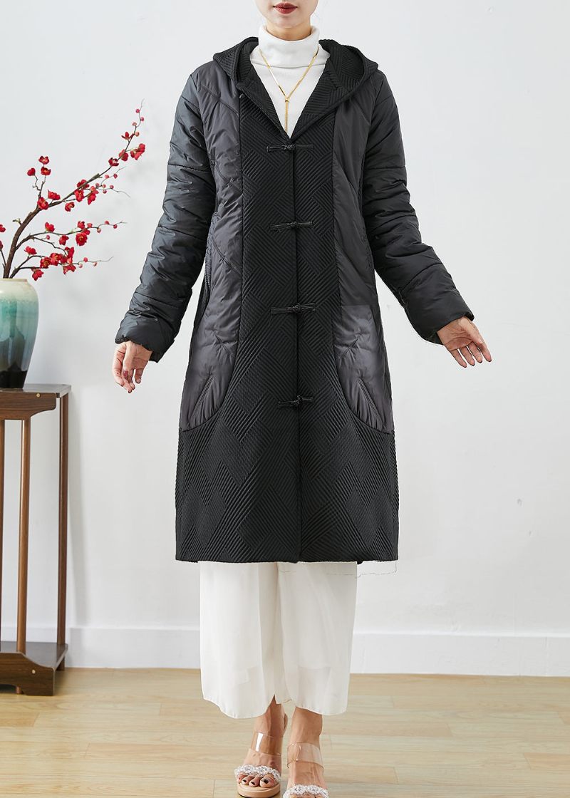 Boutique Svart Hooded Patchwork Kinesisk Button Fin Bomullsfylld Jacka På Vintern - Dunjackor för kvinnor