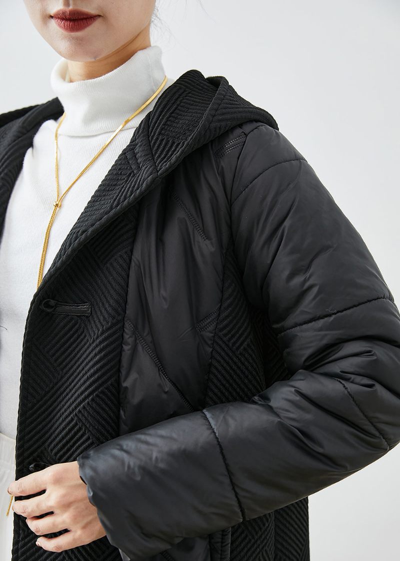 Boutique Svart Hooded Patchwork Kinesisk Button Fin Bomullsfylld Jacka På Vintern - Dunjackor för kvinnor
