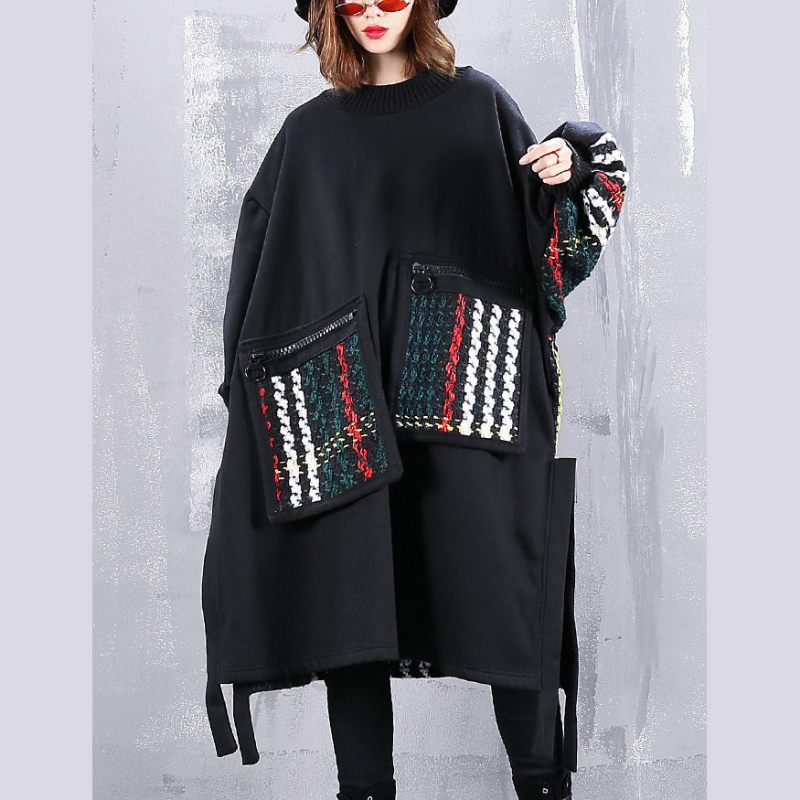 Boutique Svart Kappa Plus Size O-hals Patchwork Maxi T-shirts Damfickor Sida Öppna Toppar - Vinterkappor för kvinnor