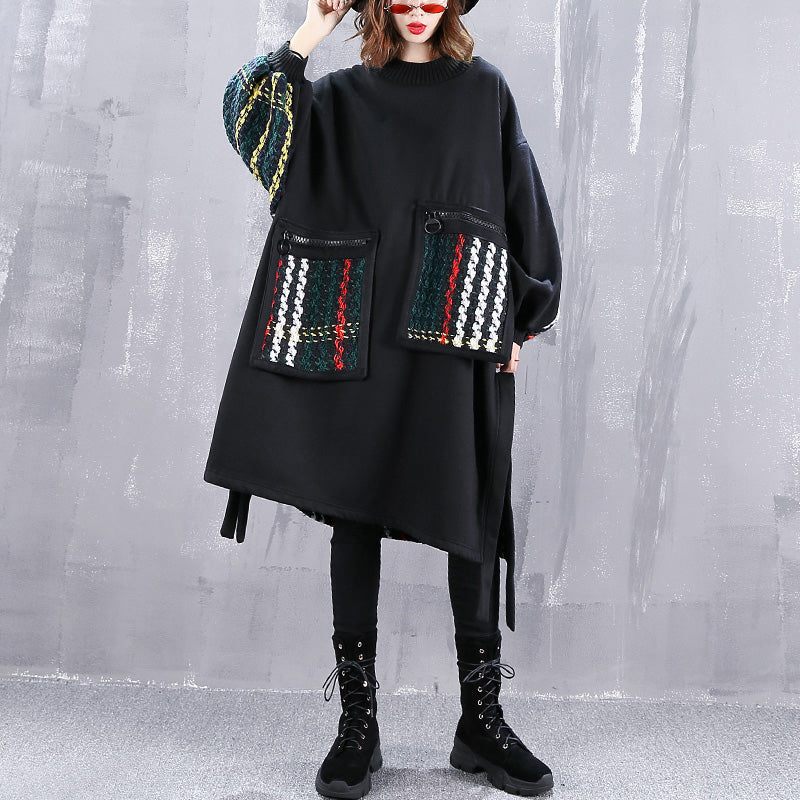 Boutique Svart Kappa Plus Size O-hals Patchwork Maxi T-shirts Damfickor Sida Öppna Toppar - Vinterkappor för kvinnor
