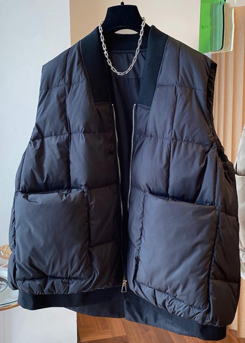 Boutique Svart V-hals Dragkedja Patchwork Duck Down Väst Ärmlös - Svart