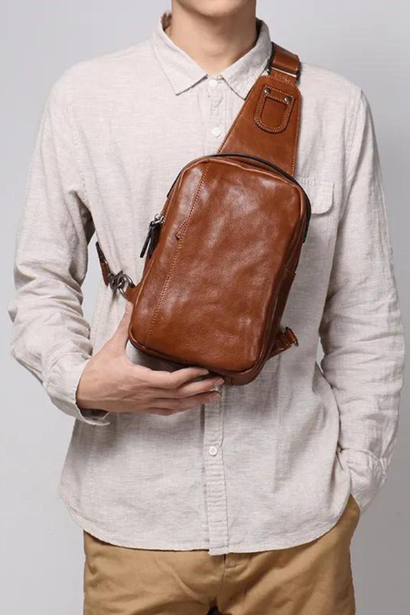 Bröstväska I Äkta Läder För Män Casual Handväska Trendig Crossbody Med Enkel Axel