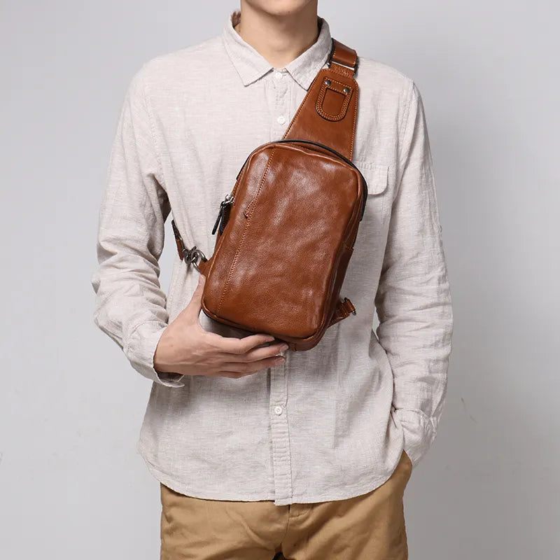Bröstväska I Äkta Läder För Män Casual Handväska Trendig Crossbody Med Enkel Axel - Vintage Brown