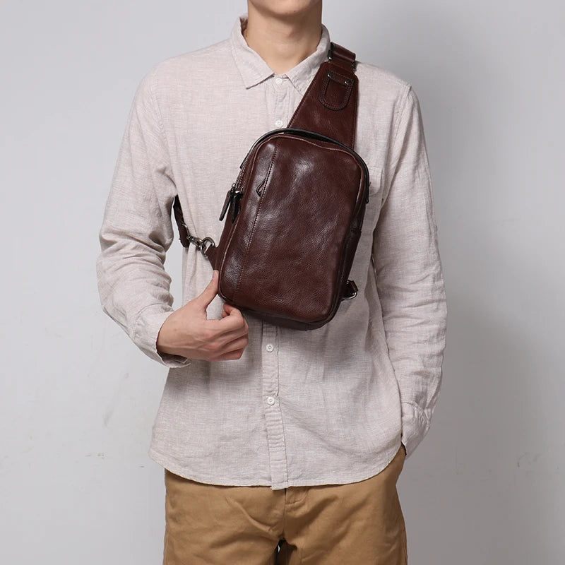 Bröstväska I Äkta Läder För Män Casual Handväska Trendig Crossbody Med Enkel Axel - Vintage Brown