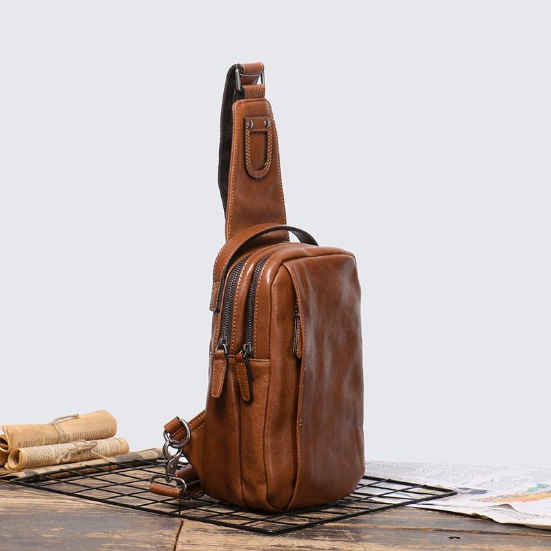 Bröstväska I Äkta Läder För Män Casual Handväska Trendig Crossbody Med Enkel Axel - Vintage Brown