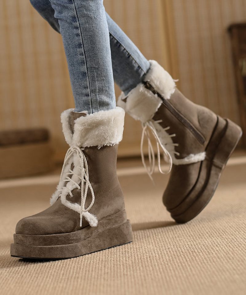 Brun Fuzzy Wool Fodrad Cross Strap Splicing Platform Boots