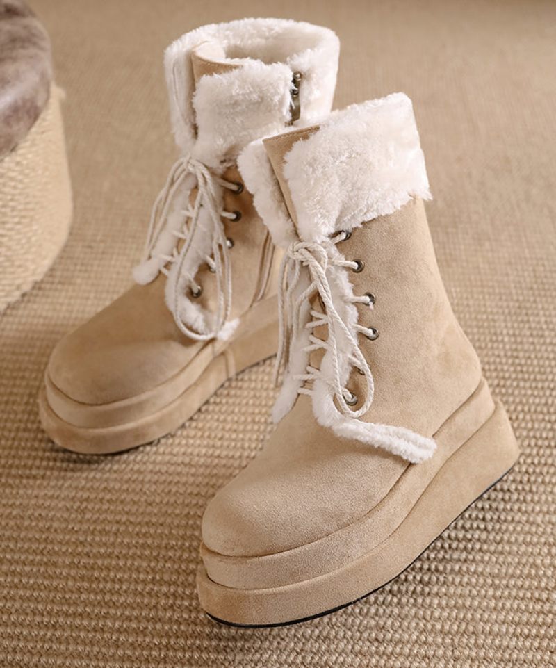 Brun Fuzzy Wool Fodrad Cross Strap Splicing Platform Boots - Ullrockar för kvinnor
