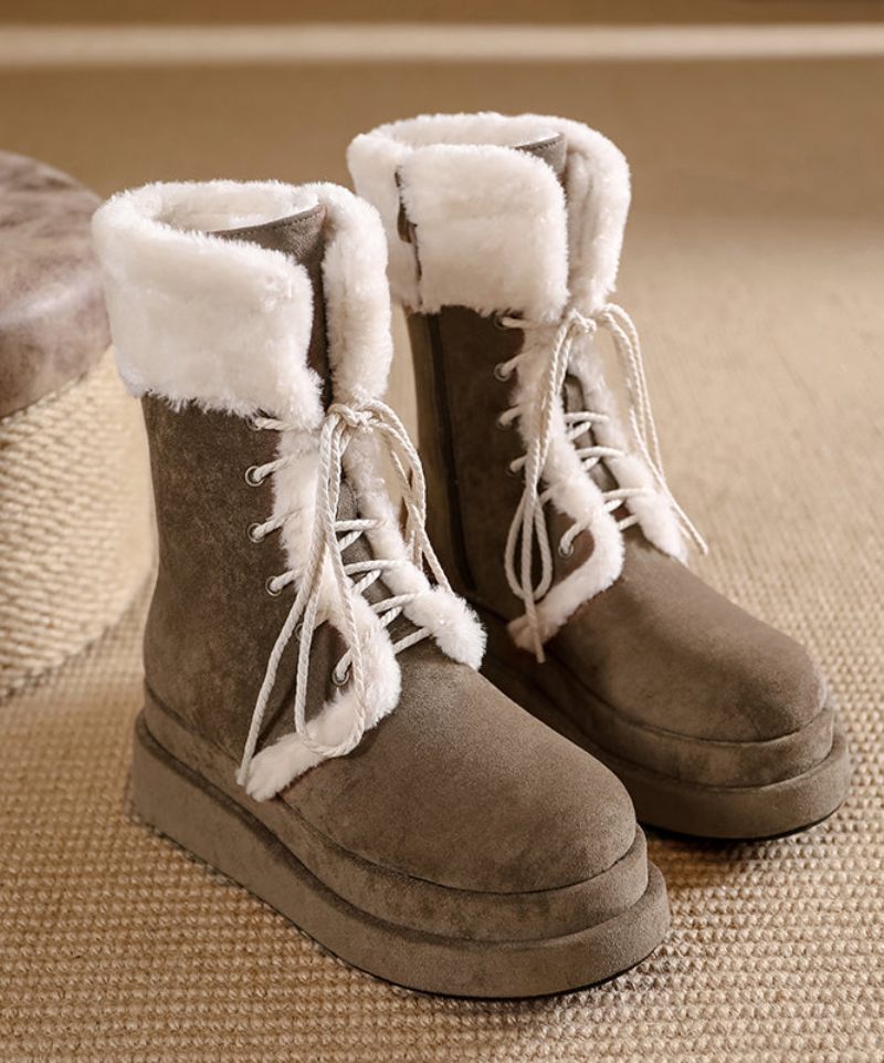 Brun Fuzzy Wool Fodrad Cross Strap Splicing Platform Boots - Ullrockar för kvinnor