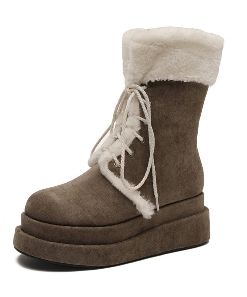 Brun Fuzzy Wool Fodrad Cross Strap Splicing Platform Boots - Ullrockar för kvinnor