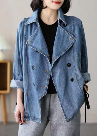 Casual Blå Naggad Patchwork Tie Midja Denimrockar Långärmad