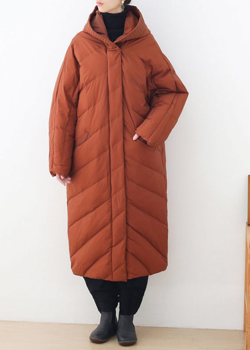 Casual Caramel Dragkedja Knappfickor Hooded Down Coat Långärmad - Dunjackor för kvinnor