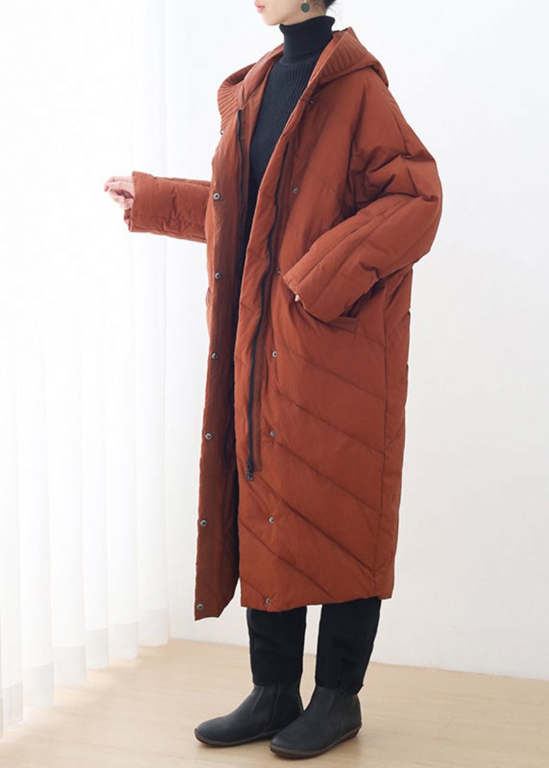 Casual Caramel Dragkedja Knappfickor Hooded Down Coat Långärmad - Dunjackor för kvinnor
