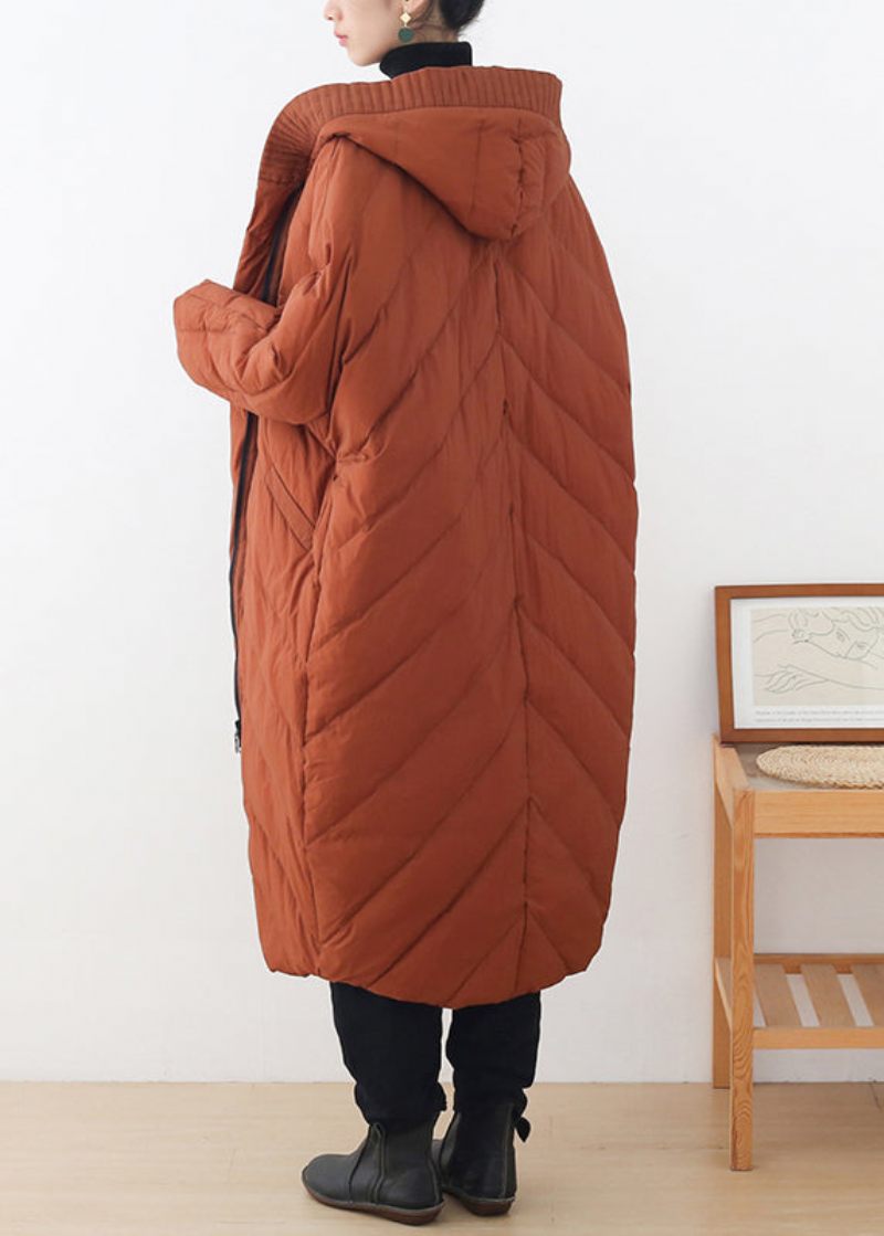 Casual Caramel Dragkedja Knappfickor Hooded Down Coat Långärmad - Dunjackor för kvinnor