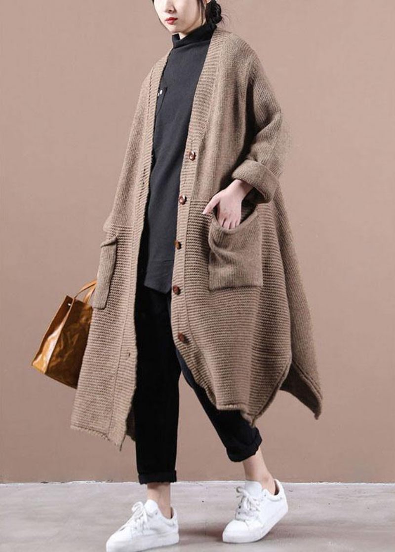 Casual Choklad V-halsfickor Höst Lång Tröja Coat - Koftor för kvinnor