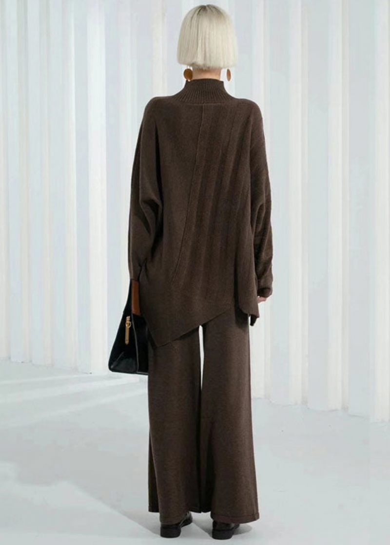 Casual Dark Khaki Turtle Neck Tjock Asymmetrisk Design Ull Tröja Långärmad - Ullrockar för kvinnor