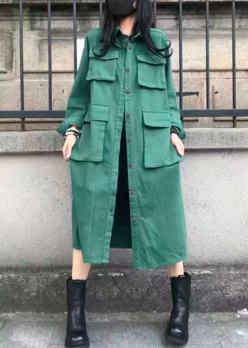 Casual Grön Peter Pan Krage Fickor Patchwork Bomull Trench Fall - Trenchcoats för kvinnor