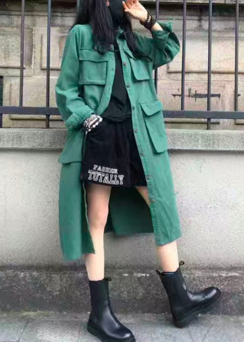 Casual Grön Peter Pan Krage Fickor Patchwork Bomull Trench Fall - Trenchcoats för kvinnor