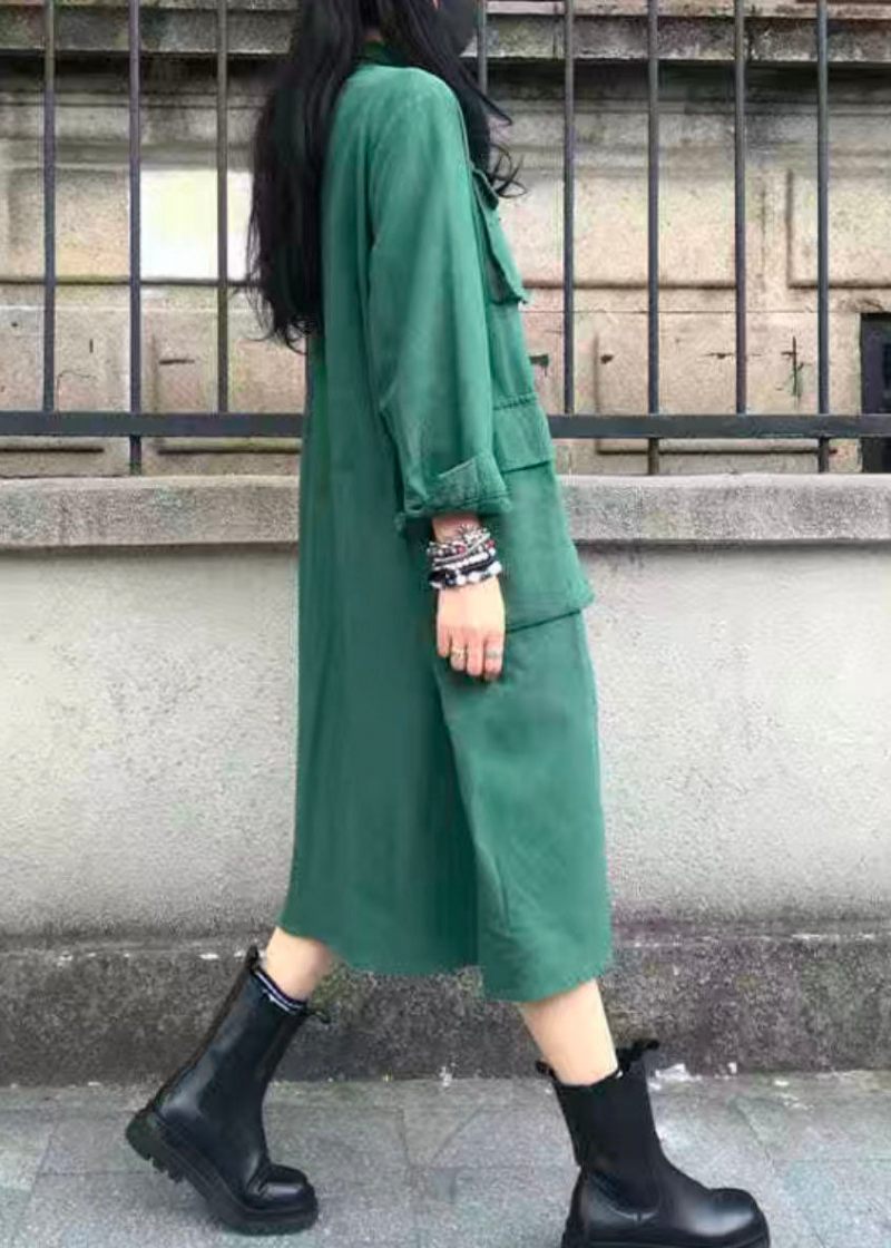 Casual Grön Peter Pan Krage Fickor Patchwork Bomull Trench Fall - Trenchcoats för kvinnor