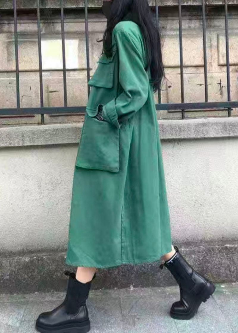 Casual Grön Peter Pan Krage Fickor Patchwork Bomull Trench Fall - Trenchcoats för kvinnor
