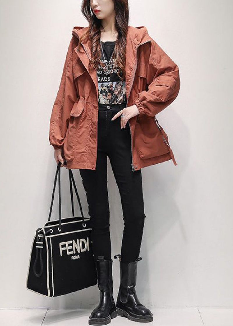 Casual Khaki Zip Up-fickor Dragsko Bomull Hooded Trench Spring - Vinterkappor för kvinnor