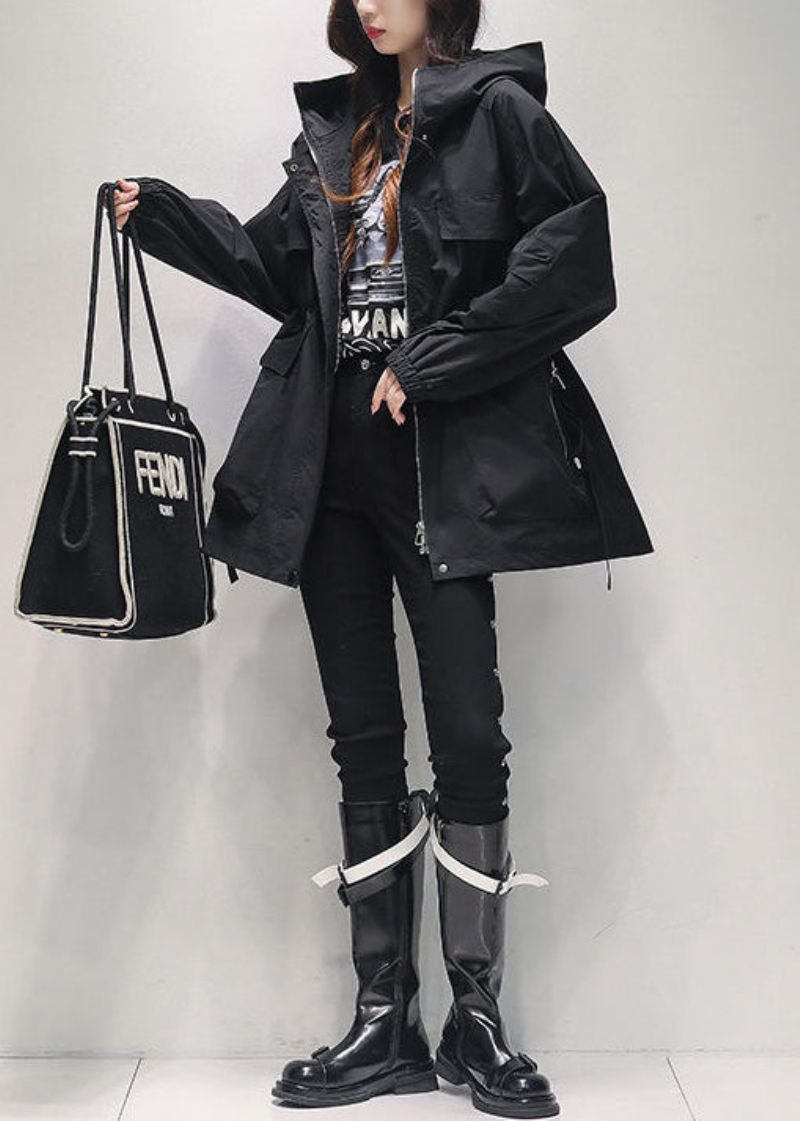 Casual Khaki Zip Up-fickor Dragsko Bomull Hooded Trench Spring - Vinterkappor för kvinnor