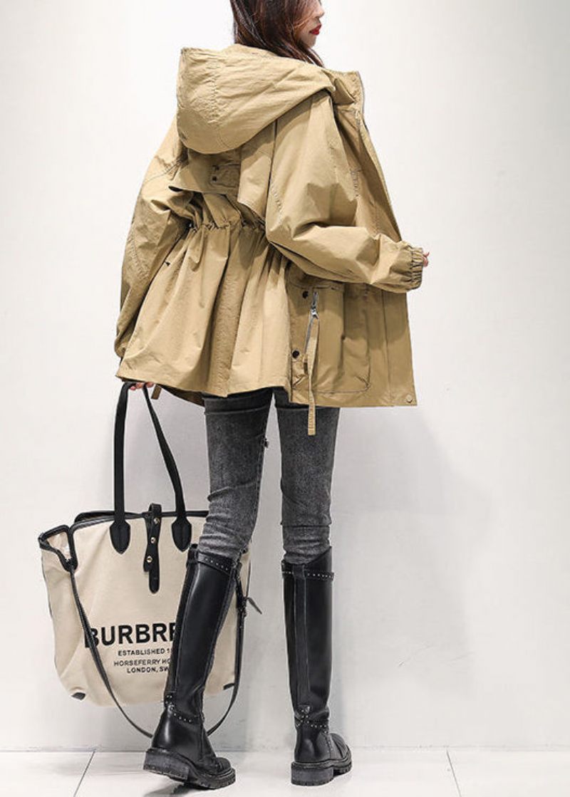 Casual Khaki Zip Up-fickor Dragsko Bomull Hooded Trench Spring - Vinterkappor för kvinnor