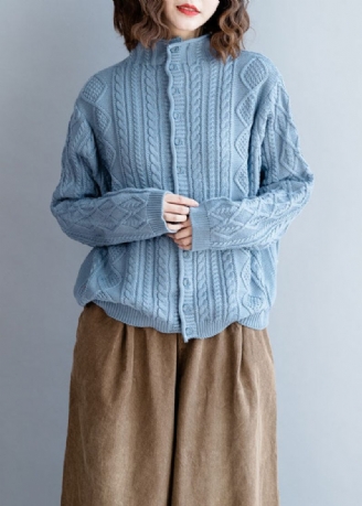 Casual Ljusblå Turtle Neck Button Yllestickade Tröjor Vår