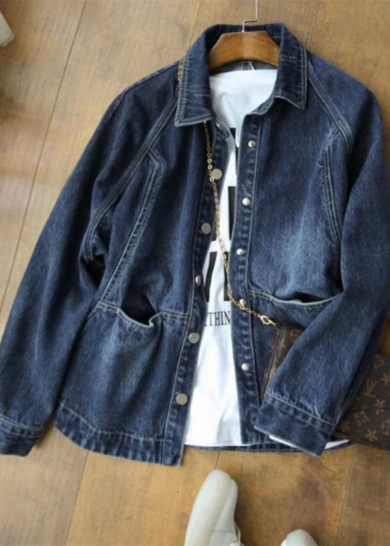 Casual Marinblå Peter Pan Krage Fickor Patchwork Jeansjackor Höst - Vinterkappor för kvinnor