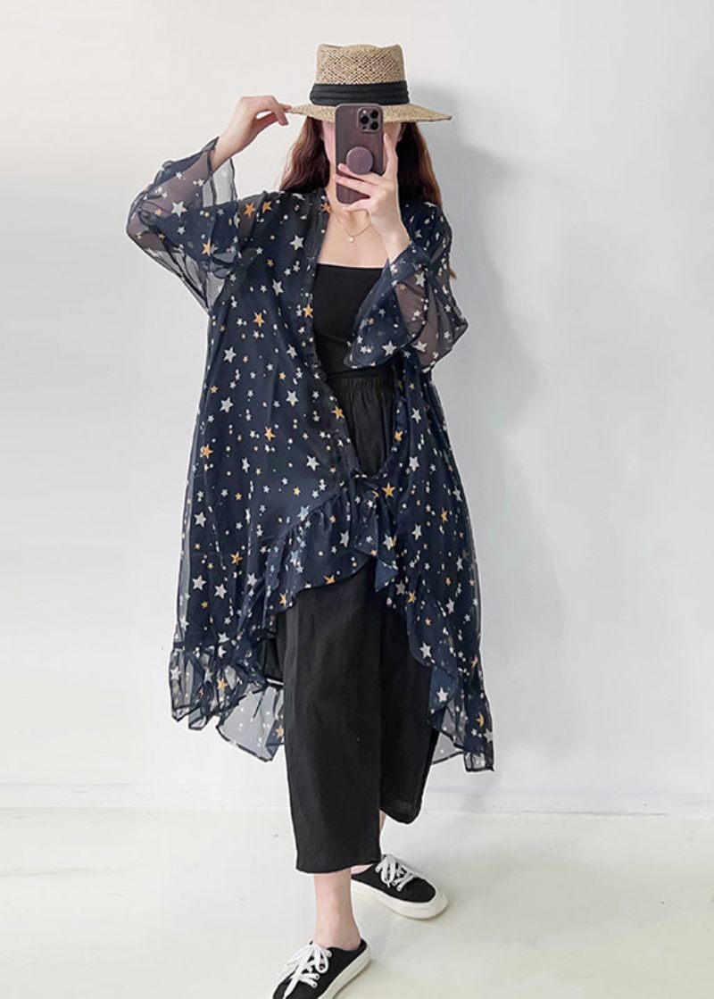 Casual Marinblå Volangtryck Chiffong Upf 50+ Cardigan Summer