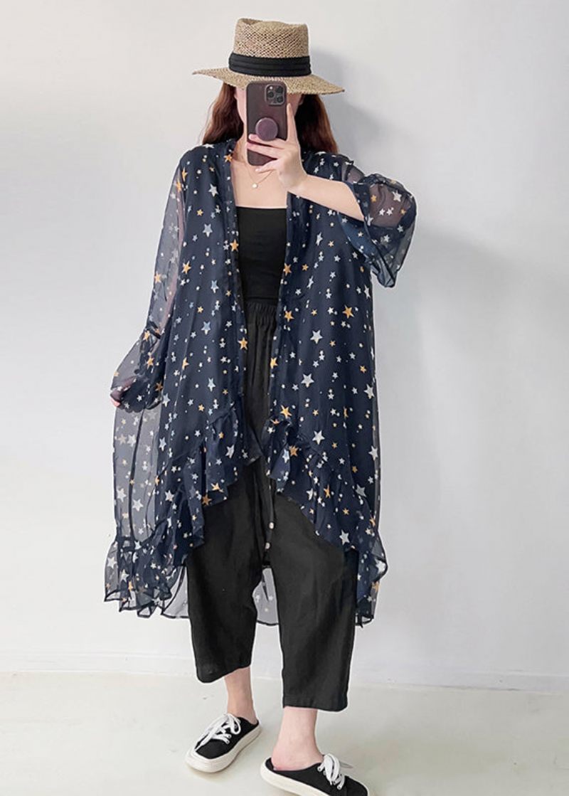 Casual Marinblå Volangtryck Chiffong Upf 50+ Cardigan Summer - Koftor för kvinnor