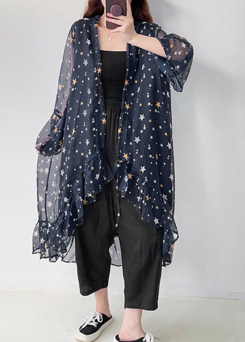 Casual Marinblå Volangtryck Chiffong Upf 50+ Cardigan Summer - Koftor för kvinnor