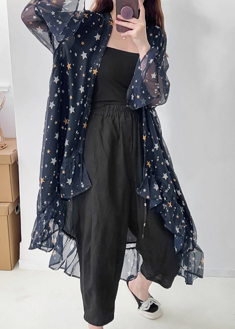 Casual Marinblå Volangtryck Chiffong Upf 50+ Cardigan Summer - Koftor för kvinnor