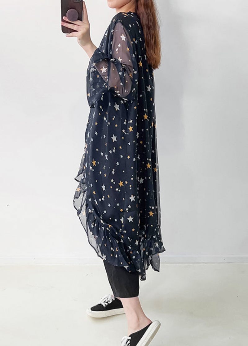 Casual Marinblå Volangtryck Chiffong Upf 50+ Cardigan Summer - Koftor för kvinnor
