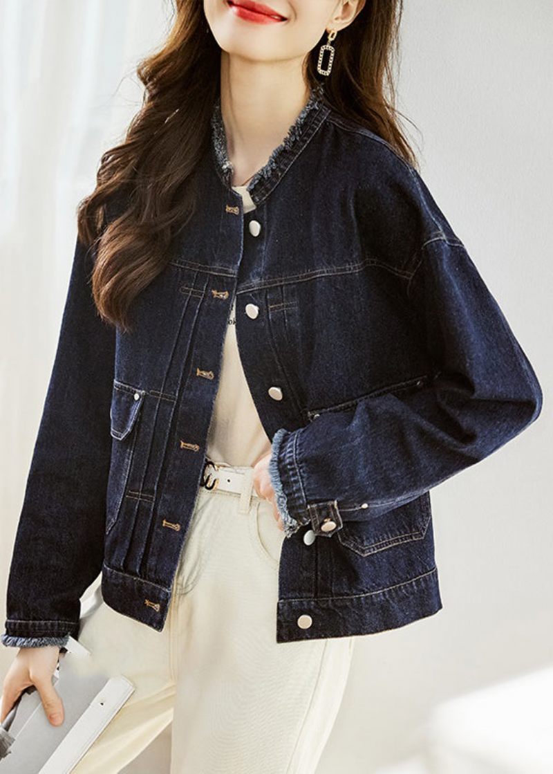 Casual Mörkblå O-halsfickor Patchwork Denimrockar Höst - Vinterkappor för kvinnor