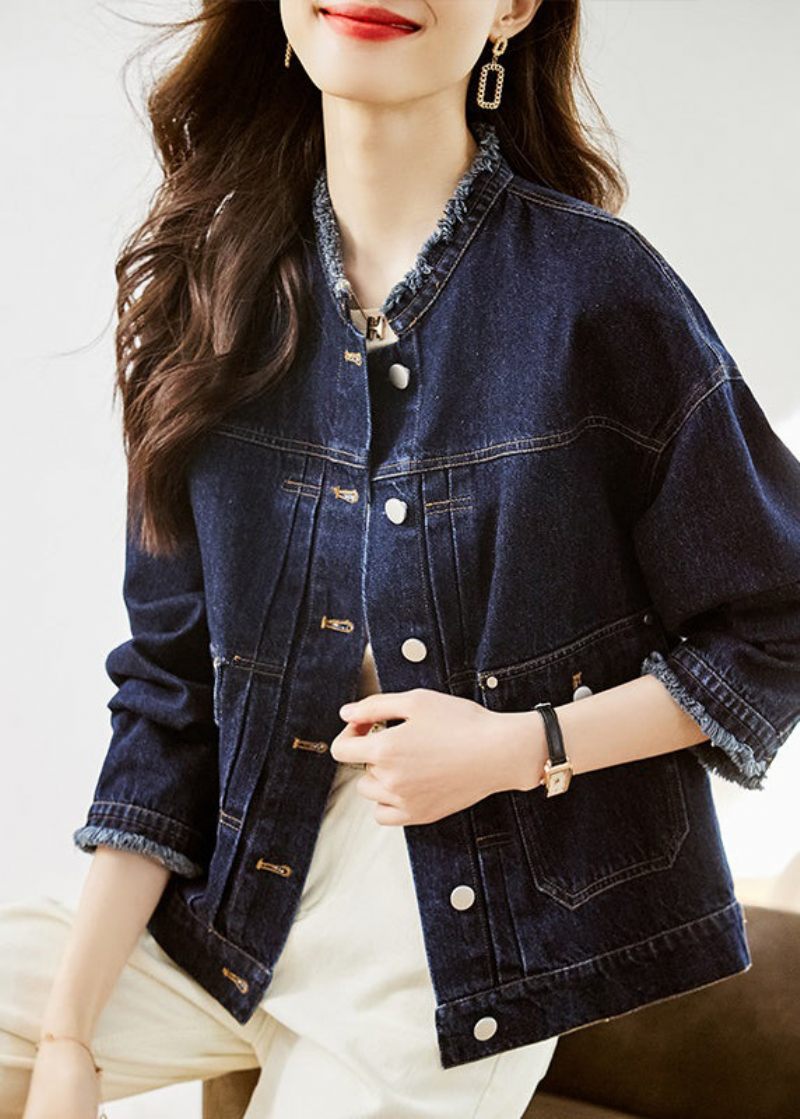 Casual Mörkblå O-halsfickor Patchwork Denimrockar Höst - Vinterkappor för kvinnor