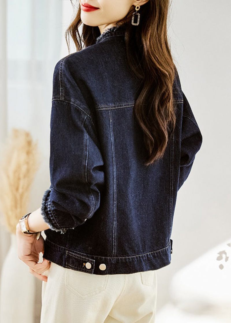 Casual Mörkblå O-halsfickor Patchwork Denimrockar Höst - Vinterkappor för kvinnor