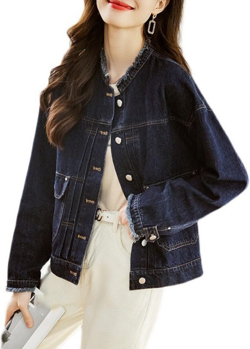 Casual Mörkblå O-halsfickor Patchwork Denimrockar Höst - Vinterkappor för kvinnor