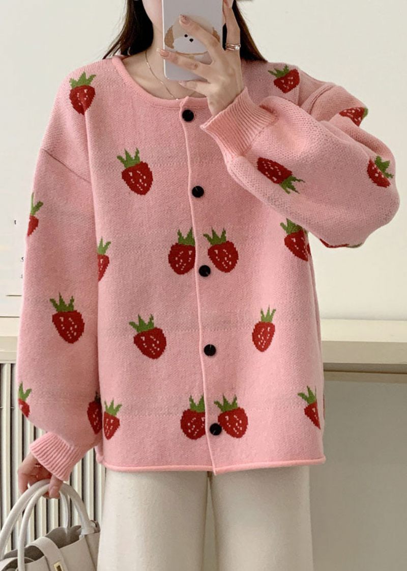 Casual Rosa Jordgubbsblommiga Bomull Stickade Tröjor Kappor Höst