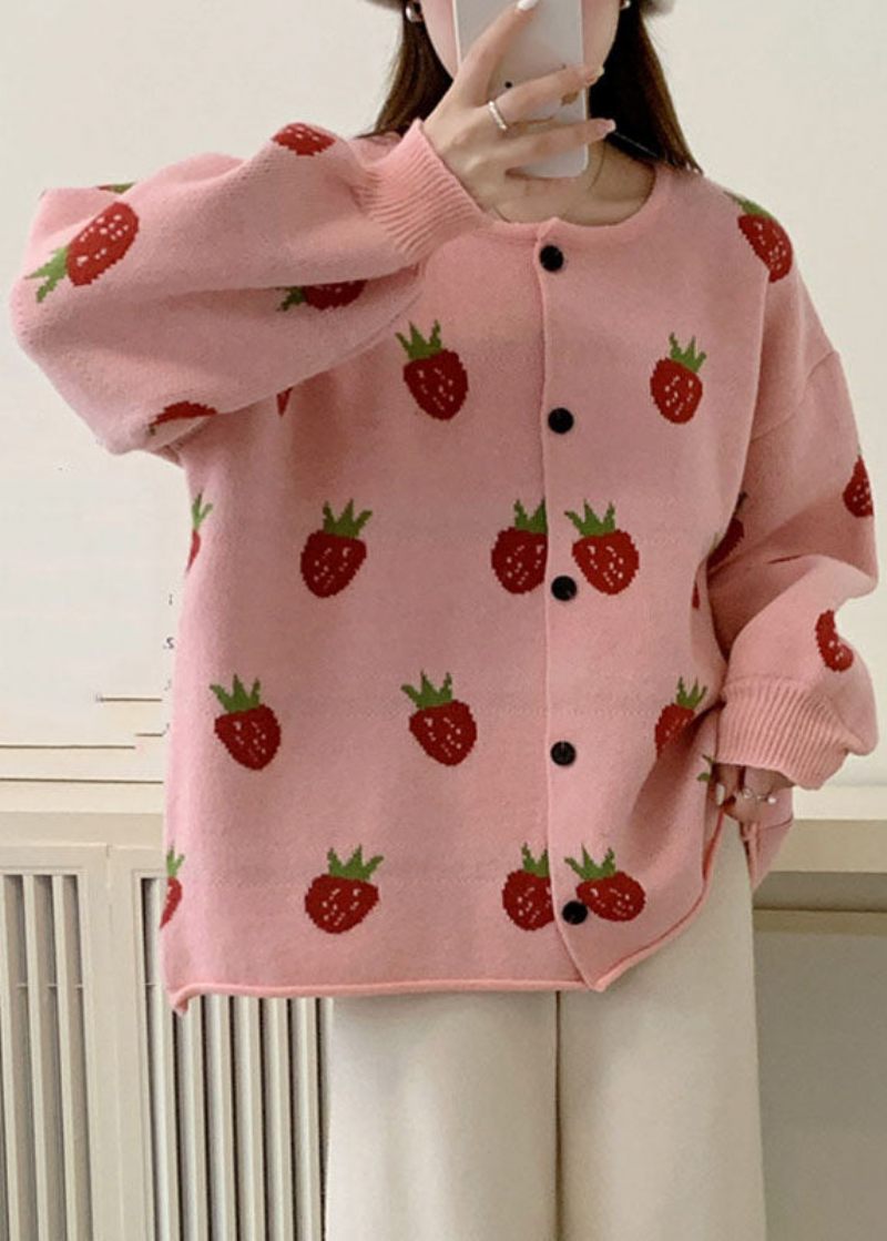 Casual Rosa Jordgubbsblommiga Bomull Stickade Tröjor Kappor Höst - Rosa