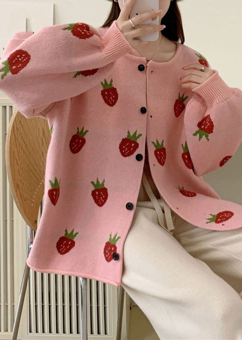 Casual Rosa Jordgubbsblommiga Bomull Stickade Tröjor Kappor Höst - Rosa