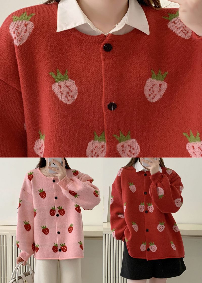 Casual Rosa Jordgubbsblommiga Bomull Stickade Tröjor Kappor Höst - Rosa