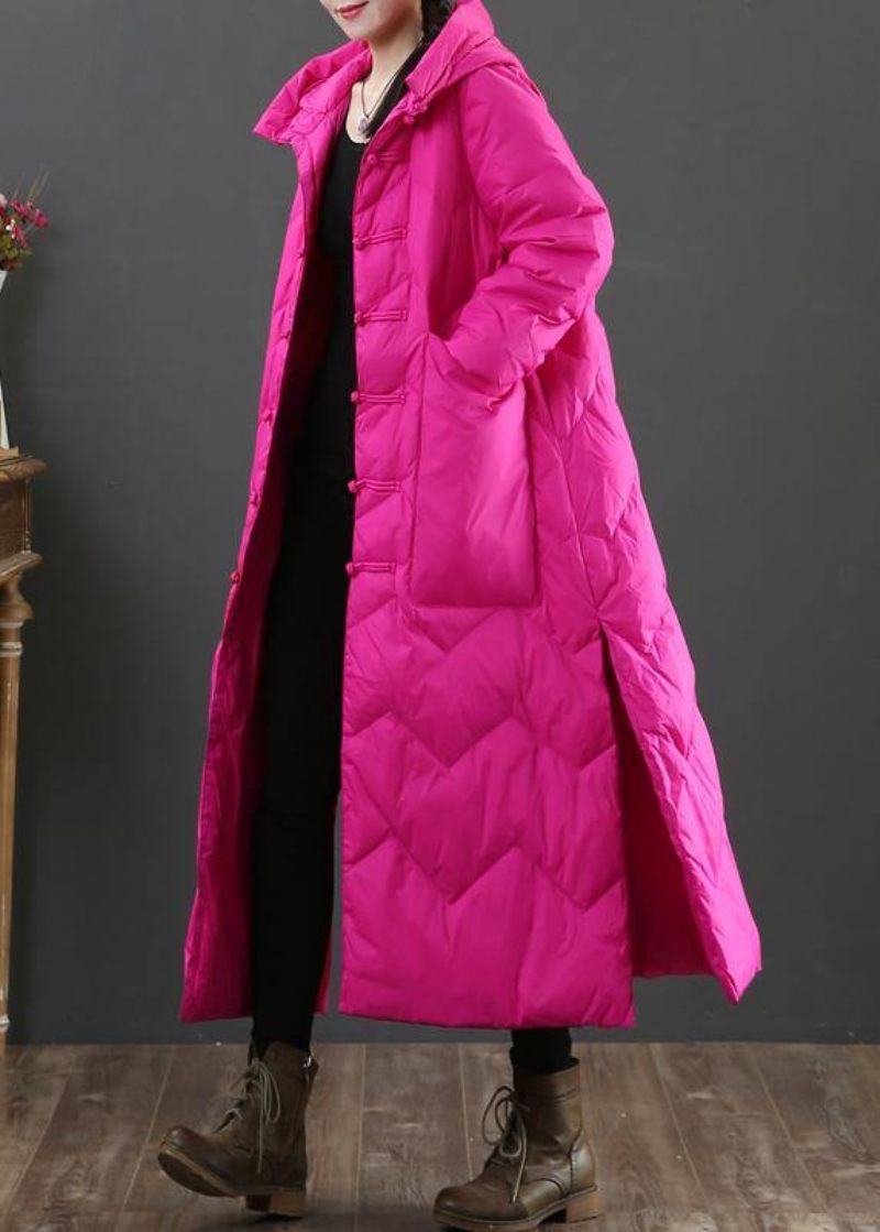 Casual Rosa Varm Vinterkappa Löst Sittande Damparkas Med Huva Med Kinesisk Knapp Varma Ytterkläder - Rosa