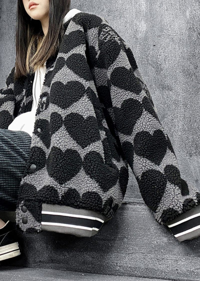 Casual Svarta Tryckfickor Patchwork Fuskpäls Bomullsfyllda Jackor Vinter - Dunjackor för kvinnor