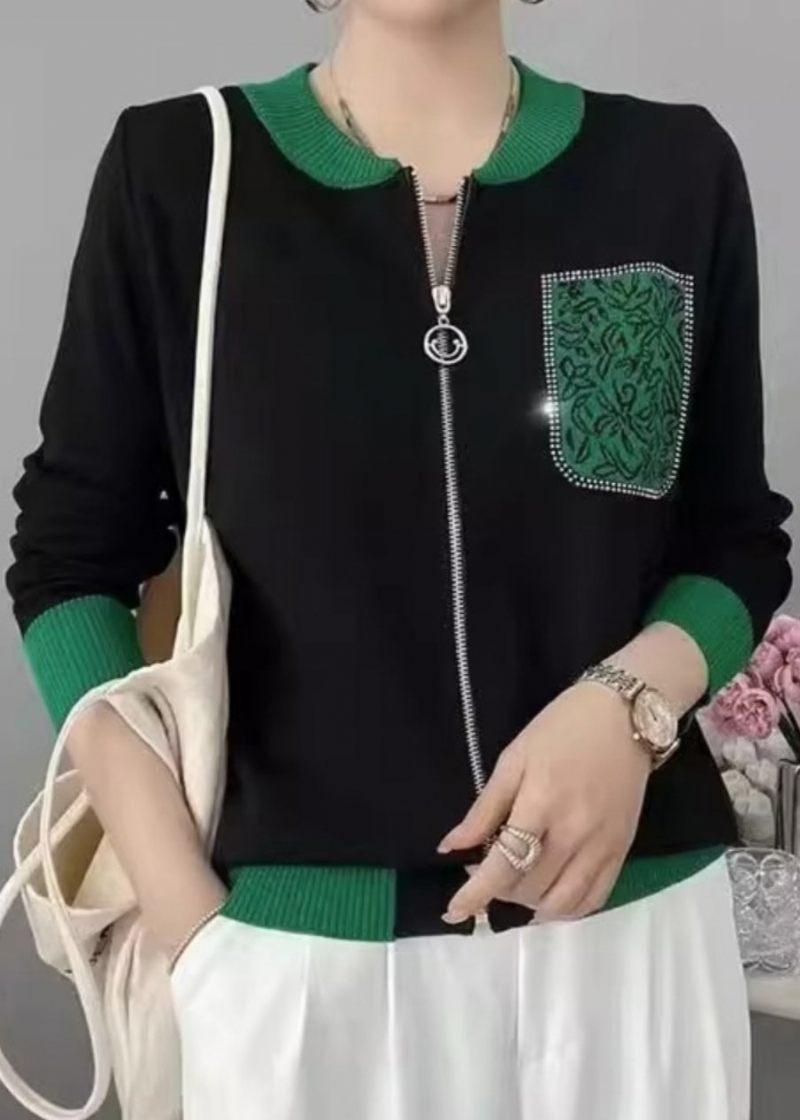 Chic Black Print Zircon Zip Up Patchwork Knit Coat Höst