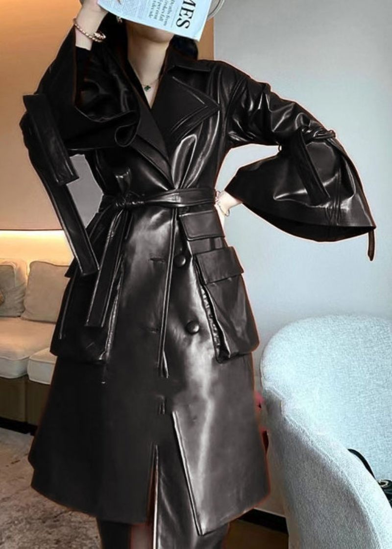 Chic Caramel Tie Midjefickor Faux Läder Trench Coat Flare Sleeve - Trenchcoats för kvinnor