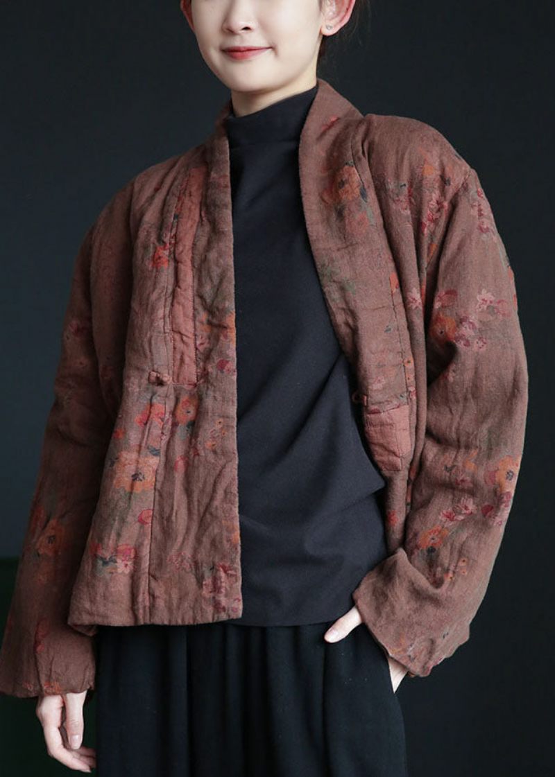 Chic Coffee Oriental Button Patchwork Print Fine Bomullsfyllda Kappor Vinter - Vinterkappor för kvinnor