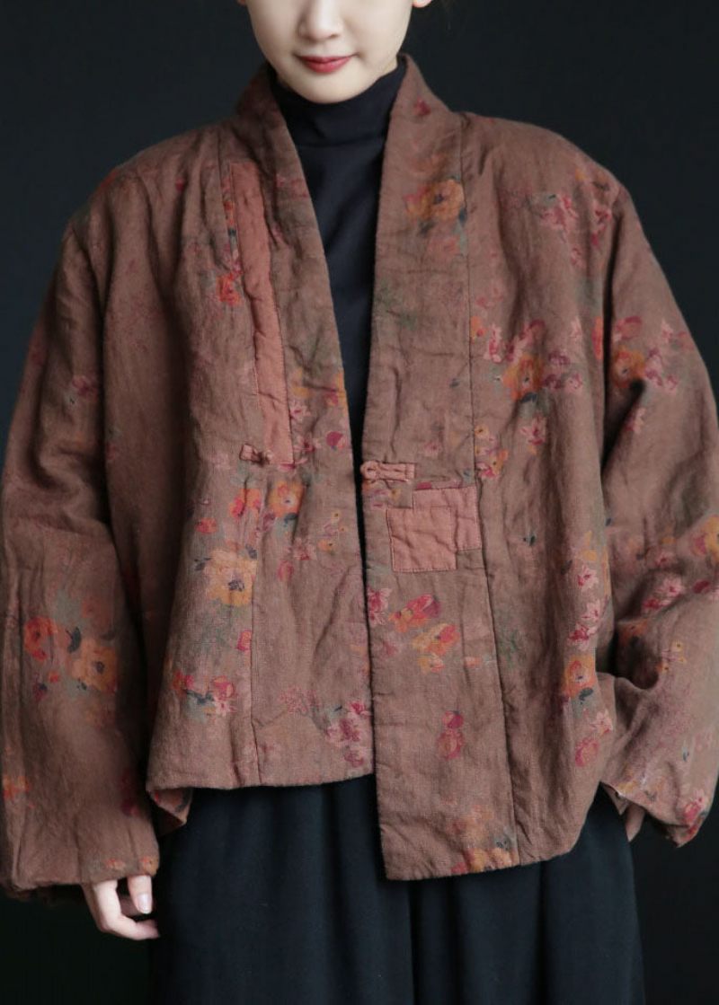 Chic Coffee Oriental Button Patchwork Print Fine Bomullsfyllda Kappor Vinter - Vinterkappor för kvinnor