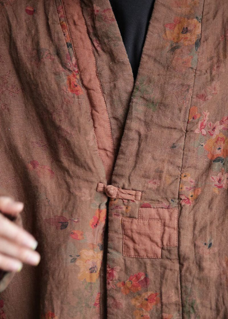 Chic Coffee Oriental Button Patchwork Print Fine Bomullsfyllda Kappor Vinter - Vinterkappor för kvinnor