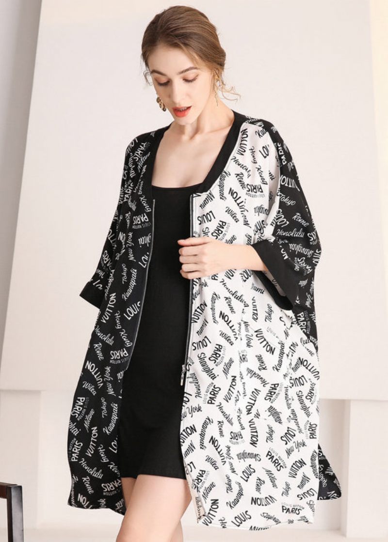 Chic Colorblock Zip Up Oversized Letter Print Chiffong Cardigans Sommar