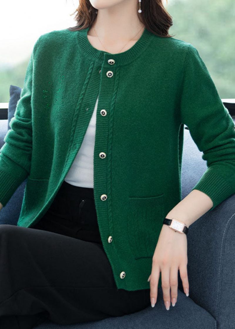 Chic Gröna Fickor Knapp Patchwork Tjock Ull Lös Kappa Höst - Koftor för kvinnor